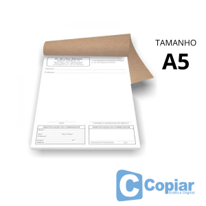 Receituário A5 especial  com 2 vias bloco com 50 unid Papel autocopiativo 15x21 cm Impressão da cor preta   