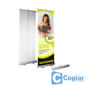 Banner roll up Plástico na Cor de Alumínio Anoidizado 80x200 cm Colorido só frente Lona 380gr. Fosca  Acompanha Case p/ Viagem